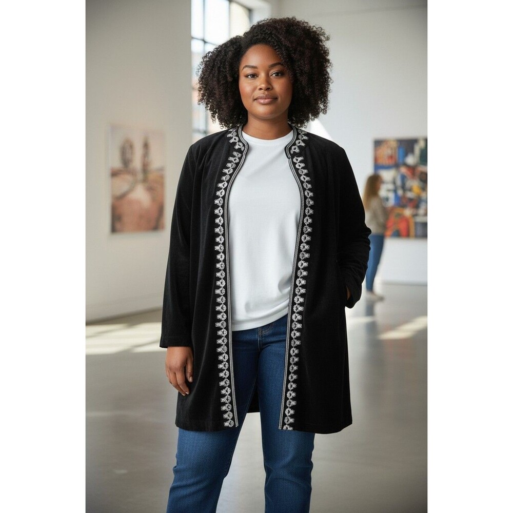 Susan Graver Open Cardigan Black White Embroidered Trim Sweater SZ L NWT
